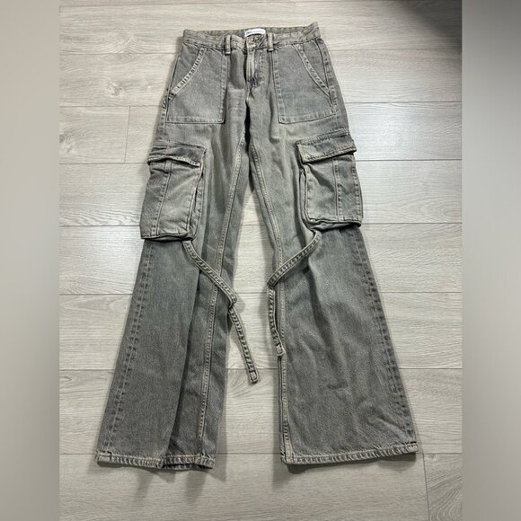 Zara Mid Rise Gray Cargo Jeans Pants with Pockets - Picture 3 of 14